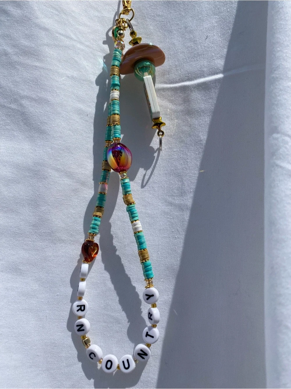 Beaded Aqua & White Key/Card Holder Charm - “Born Country”